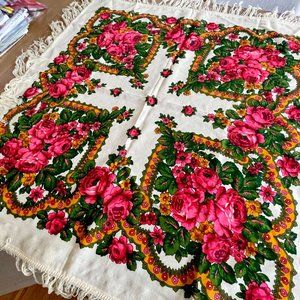 Large Hand Printed Fringed Scarf 38" Square Cream, Pink, Orange, Green, Pashmina